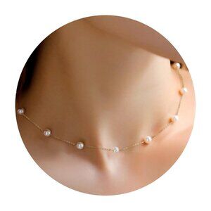 Gold Pearl Necklace, 6 MM Pearl Choker Necklace 15'' Pearl Necklaces for Women D